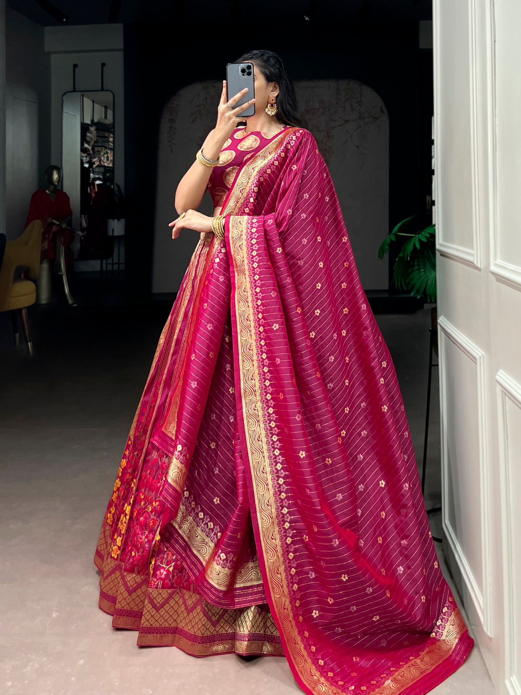 Lorenvalley Fashion Pink Silk Zari Weaving Work Lehenga Choli with Dupatta | Grocsy