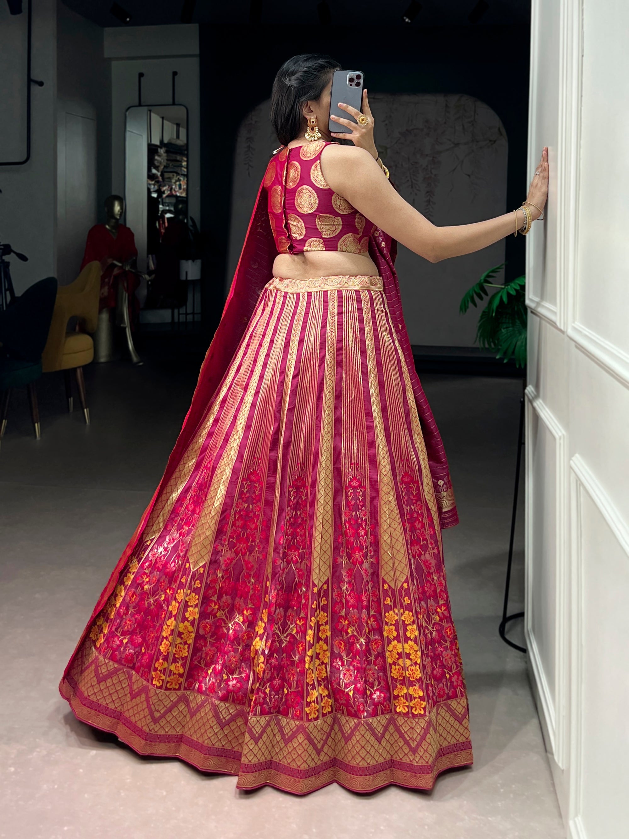 Lorenvalley Fashion Pink Silk Zari Weaving Work Lehenga Choli with Dupatta | Grocsy