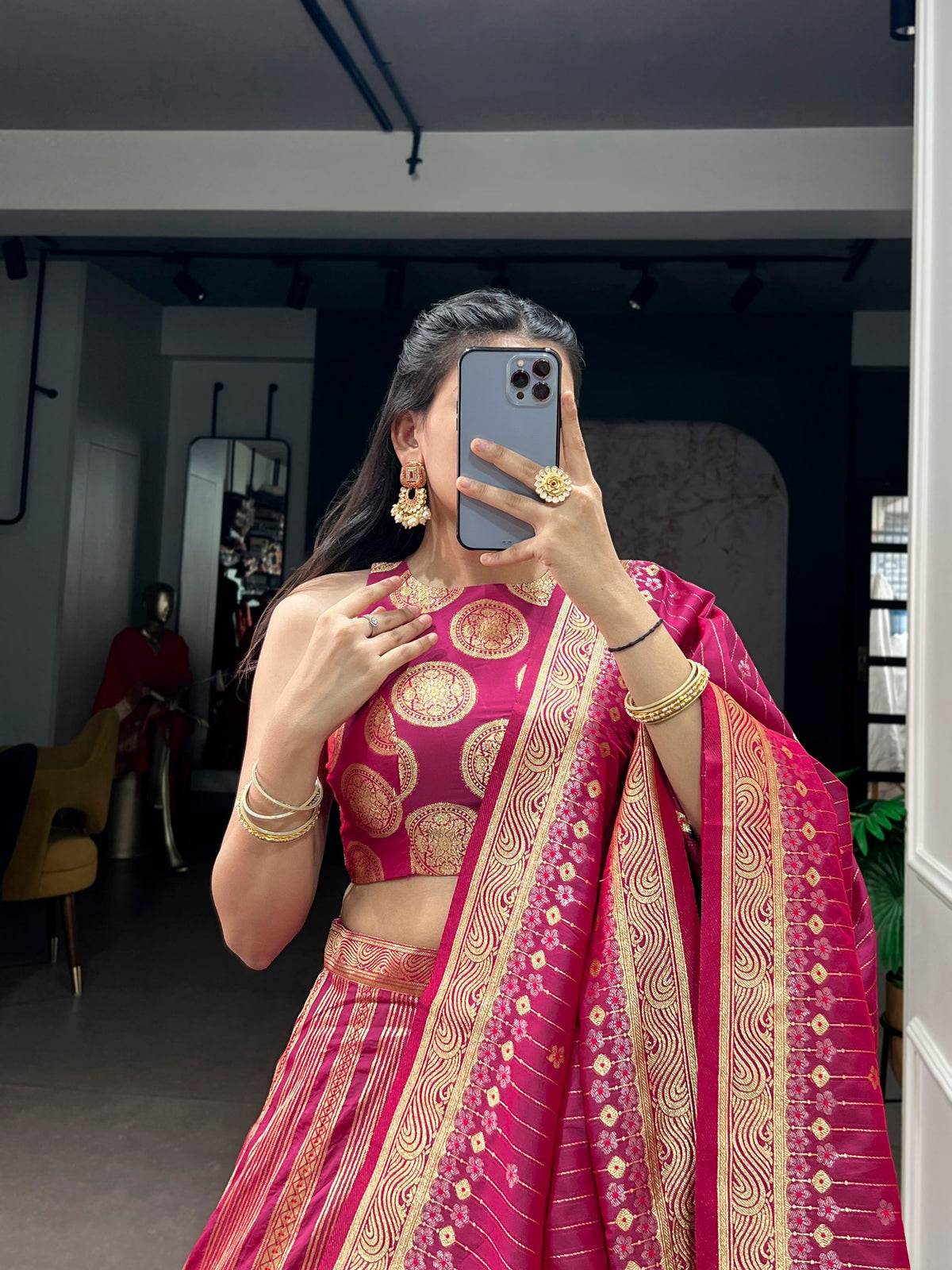 Lorenvalley Fashion Pink Silk Zari Weaving Work Lehenga Choli with Dupatta | Grocsy