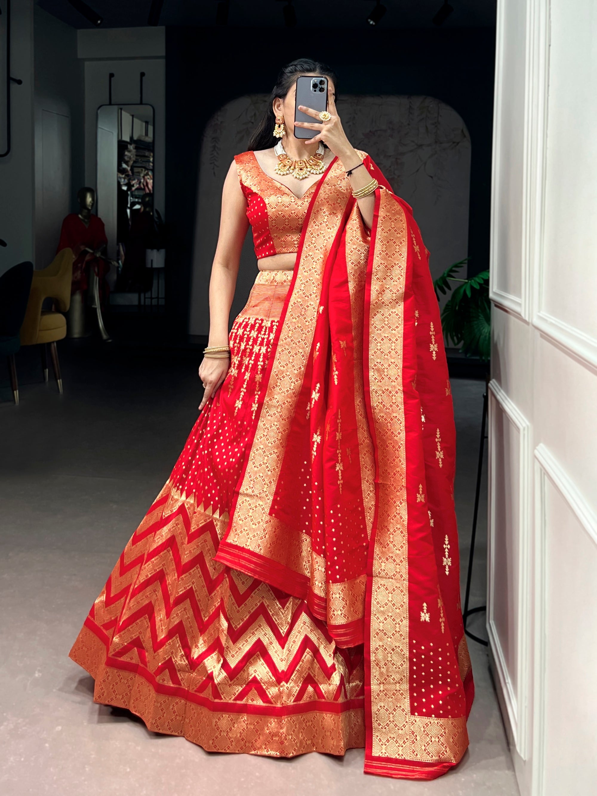 Lorenvalley Fashion Red Silk Zari Weaving Work Lehenga Choli with Dupatta | Grocsy