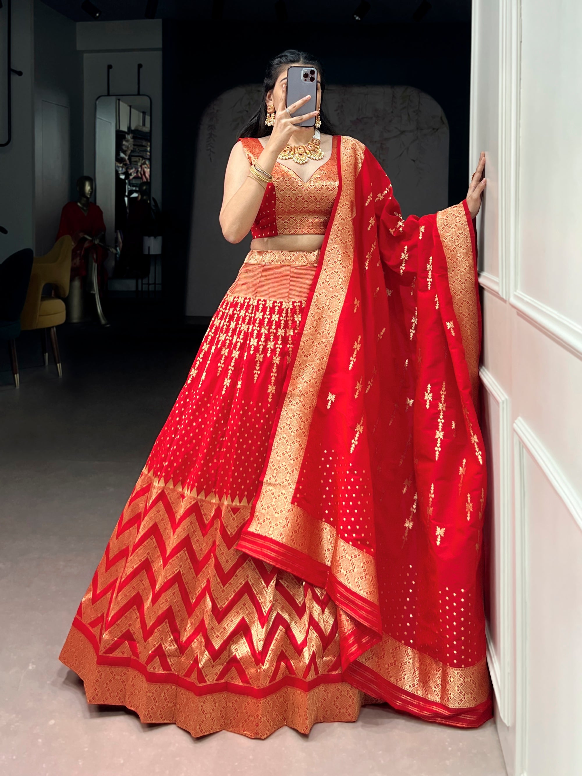 Lorenvalley Fashion Red Silk Zari Weaving Work Lehenga Choli with Dupatta | Grocsy