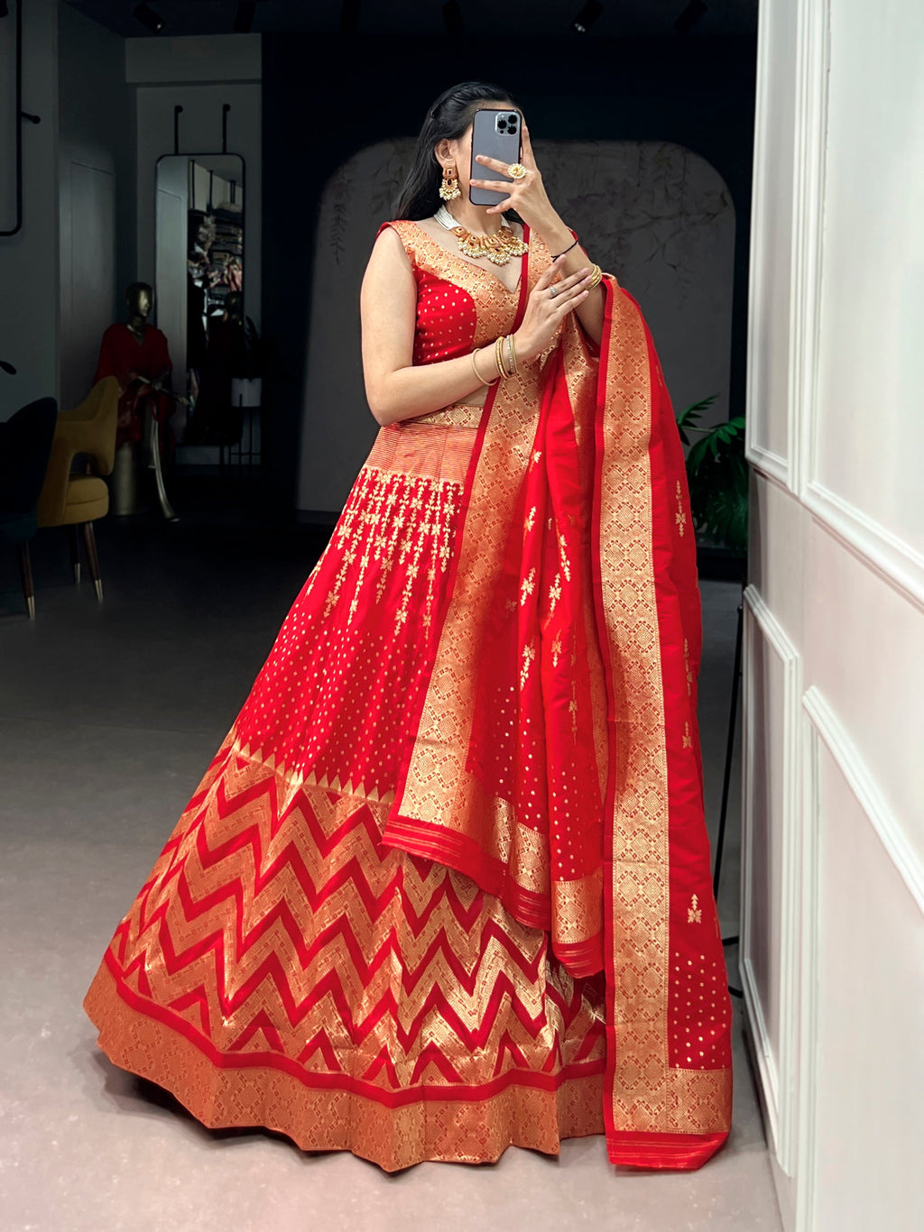Lorenvalley Fashion Red Silk Zari Weaving Work Lehenga Choli with Dupatta | Grocsy