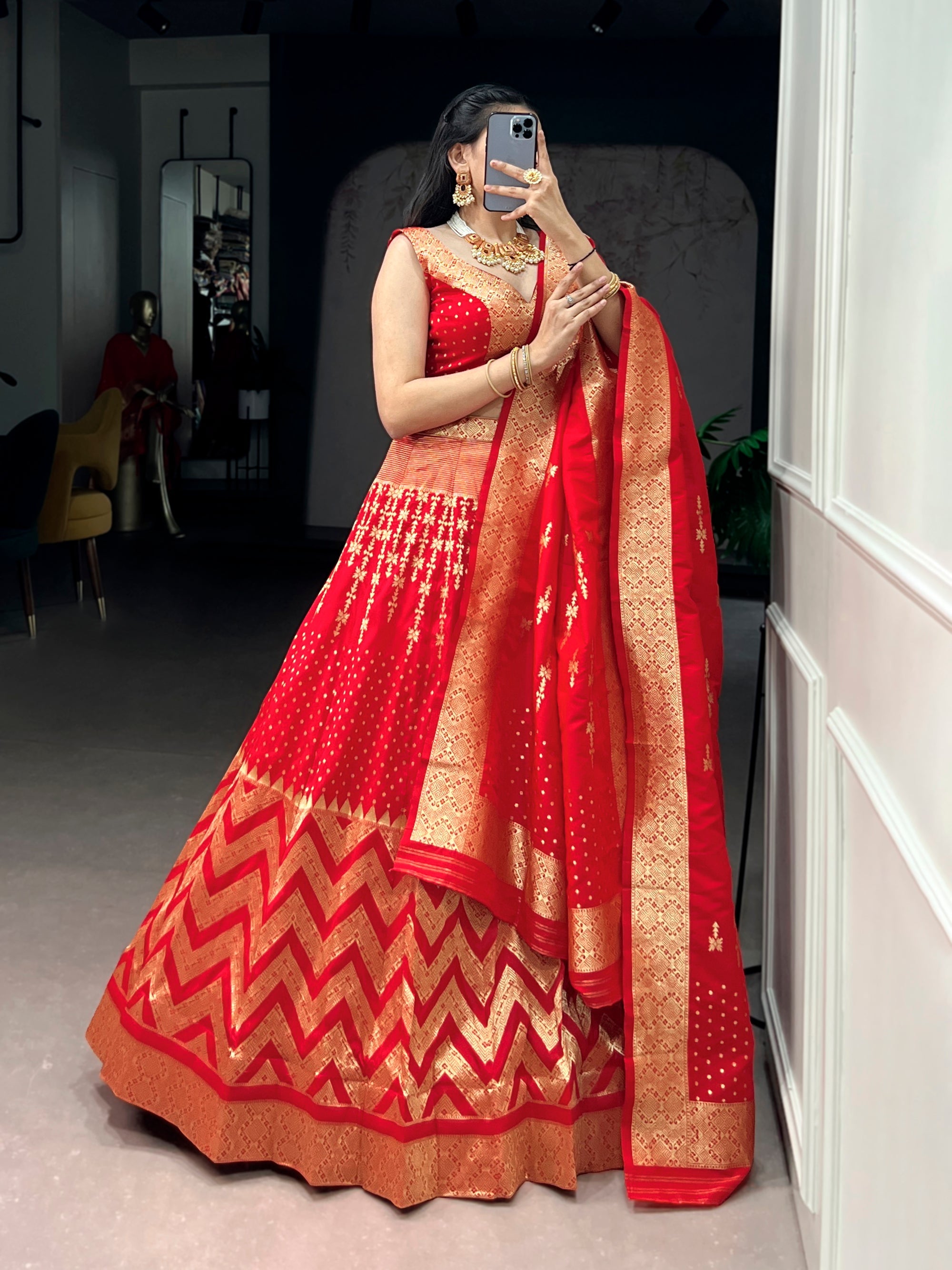 Lorenvalley Fashion Red Silk Zari Weaving Work Lehenga Choli with Dupatta | Grocsy