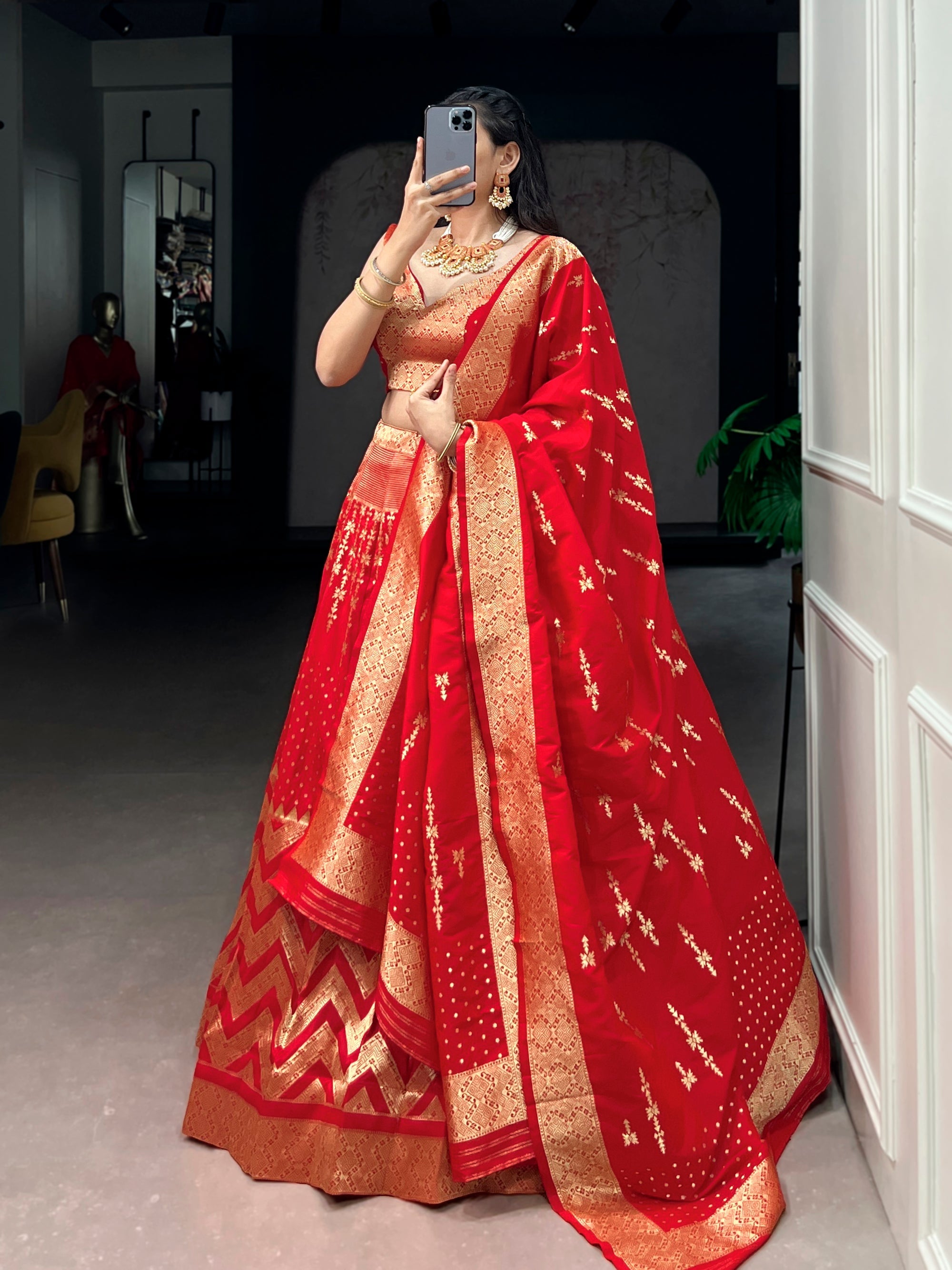 Lorenvalley Fashion Red Silk Zari Weaving Work Lehenga Choli with Dupatta | Grocsy