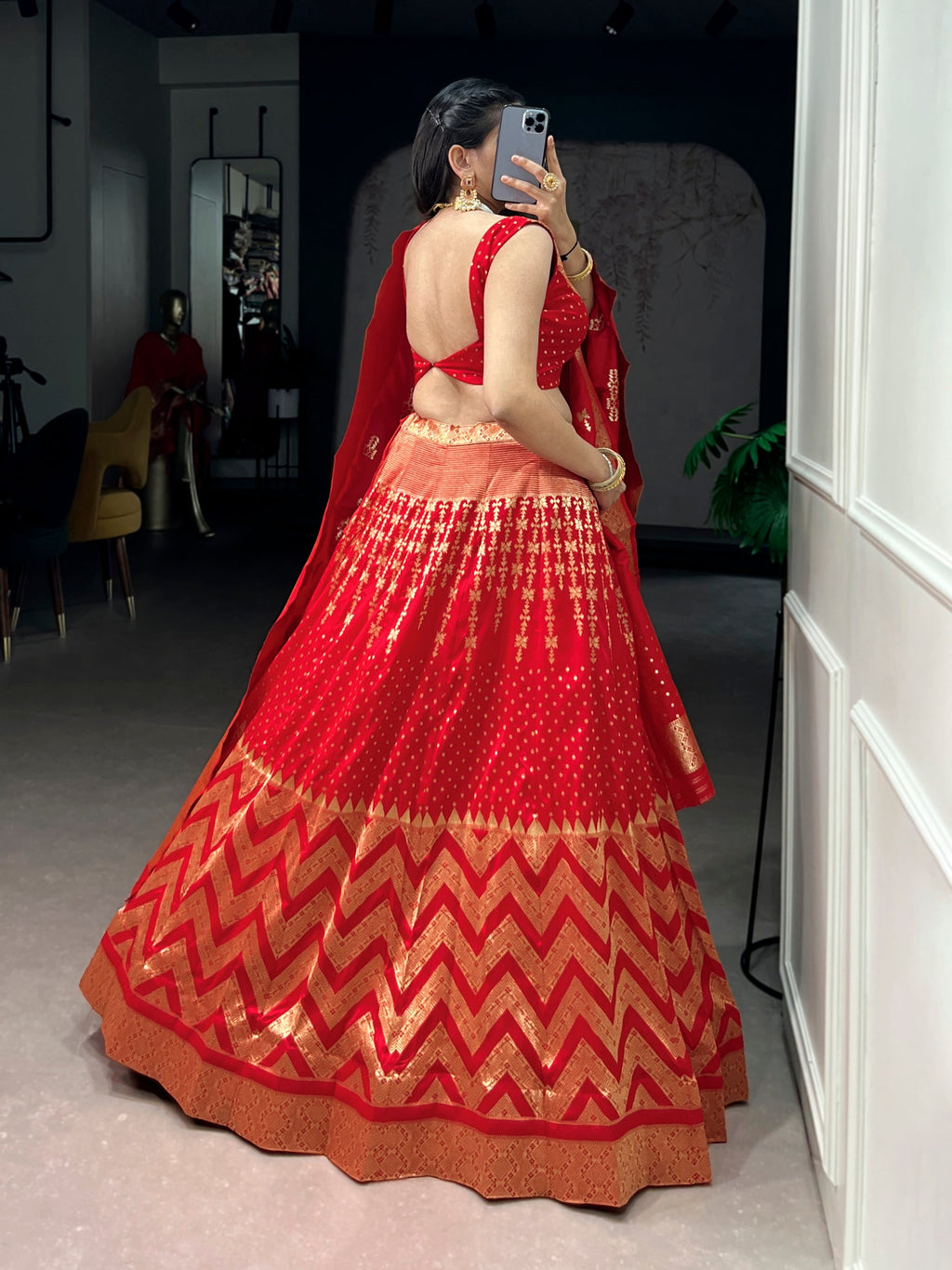 Lorenvalley Fashion Red Silk Zari Weaving Work Lehenga Choli with Dupatta | Grocsy