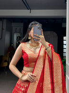 Lorenvalley Fashion Red Silk Zari Weaving Work Lehenga Choli with Dupatta | Grocsy