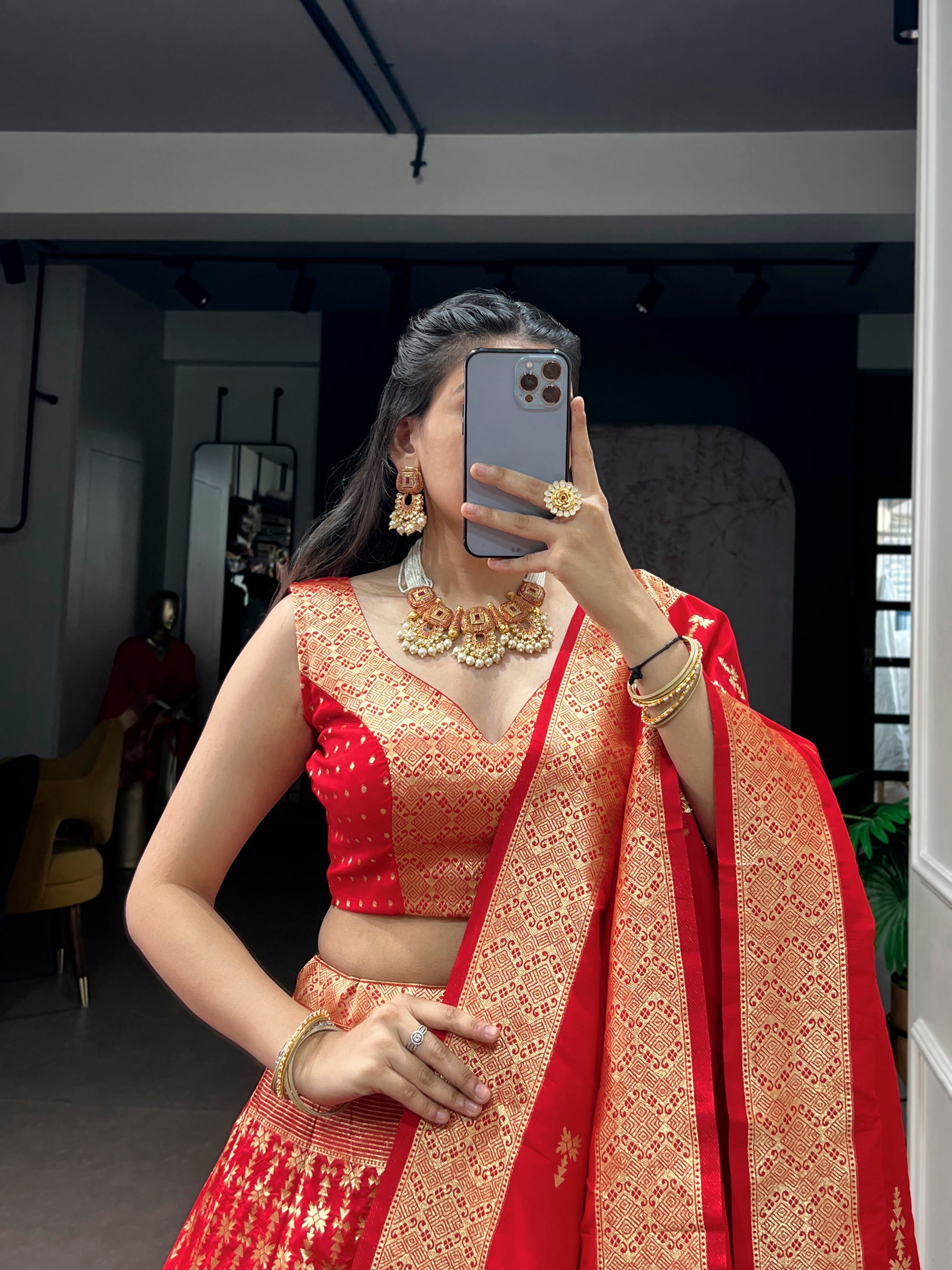 Lorenvalley Fashion Red Silk Zari Weaving Work Lehenga Choli with Dupatta | Grocsy