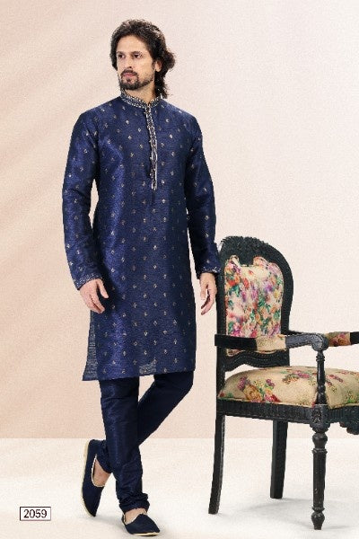 Raivat Ethnic Jacquard Banarasi Silk Pintux Work Kurta Pajama In Blue Colour | Grocsy