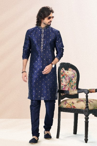 Raivat Ethnic Jacquard Banarasi Silk Pintux Work Kurta Pajama In Blue Colour | Grocsy