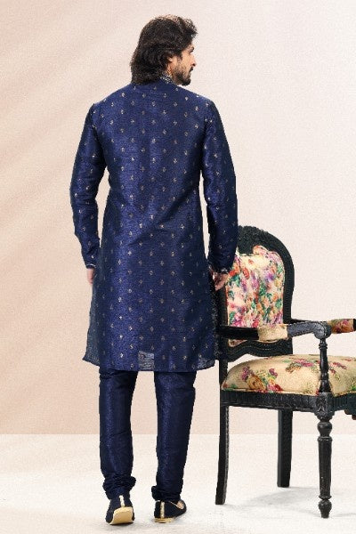 Raivat Ethnic Jacquard Banarasi Silk Pintux Work Kurta Pajama In Blue Colour | Grocsy