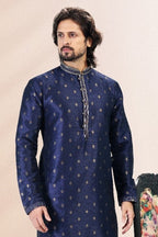 Raivat Ethnic Jacquard Banarasi Silk Pintux Work Kurta Pajama In Blue Colour | Grocsy