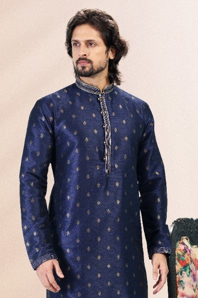 Raivat Ethnic Jacquard Banarasi Silk Pintux Work Kurta Pajama In Blue Colour | Grocsy