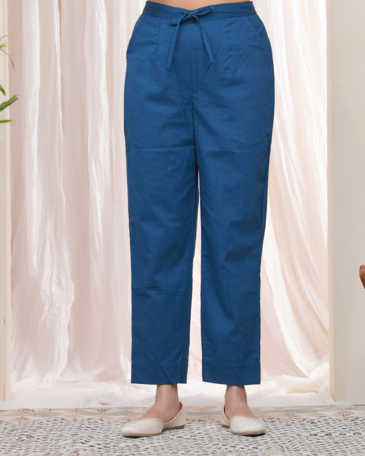 Vaasva Women Cobalt Blue Cotton Flax Solid Straight Pants | Grocsy
