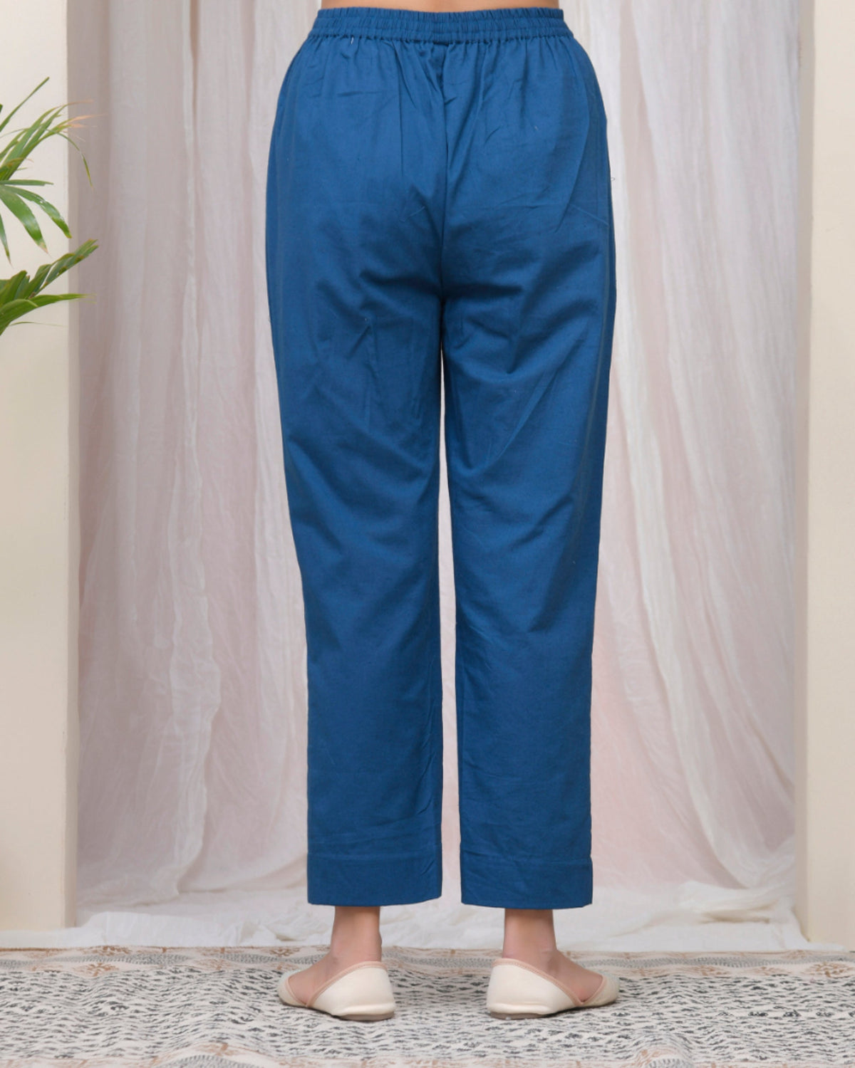 Vaasva Women Cobalt Blue Cotton Flax Solid Straight Pants | Grocsy