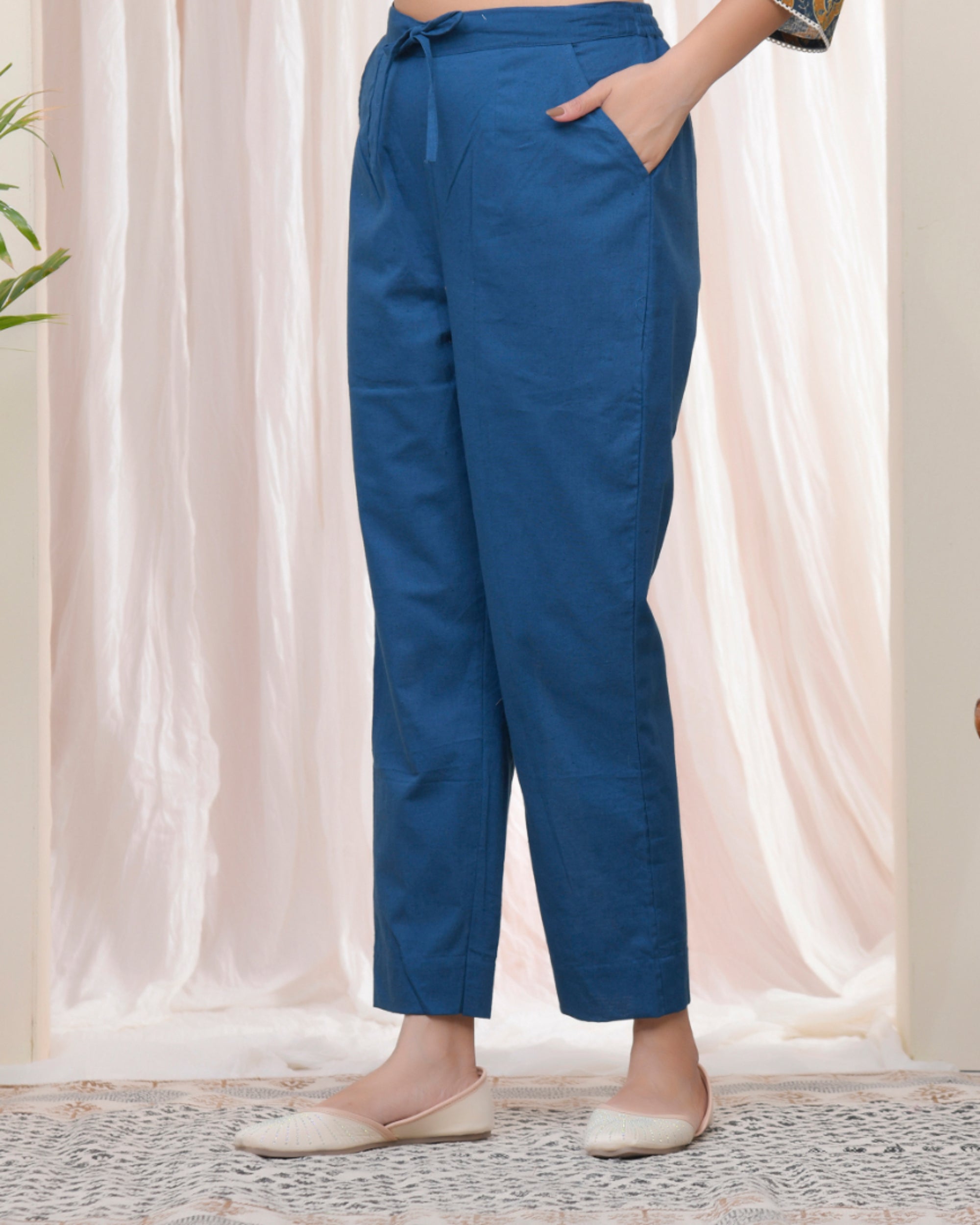 Vaasva Women Cobalt Blue Cotton Flax Solid Straight Pants | Grocsy