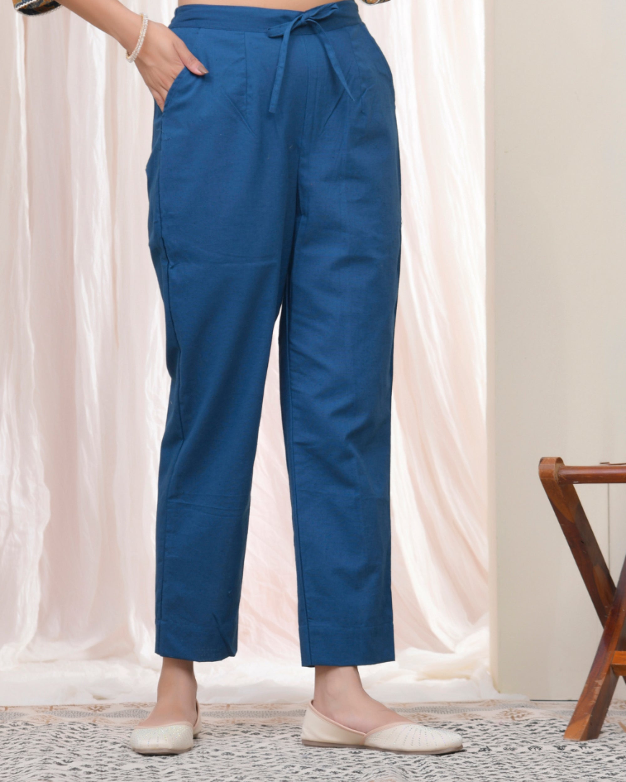 Vaasva Women Cobalt Blue Cotton Flax Solid Straight Pants | Grocsy