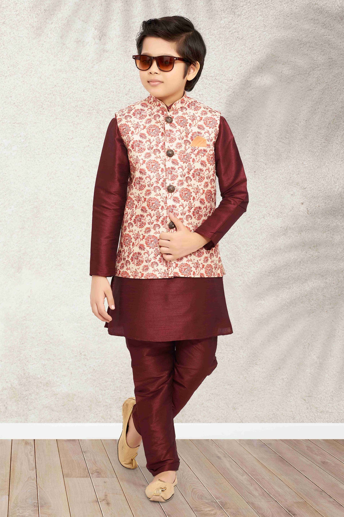 Raivat Ethnic Banarasi Silk Digital Printed Kurta Pajama With Jacket In Cream Colour | Grocsy