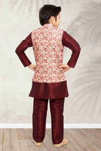 Raivat Ethnic Banarasi Silk Digital Printed Kurta Pajama With Jacket In Cream Colour | Grocsy