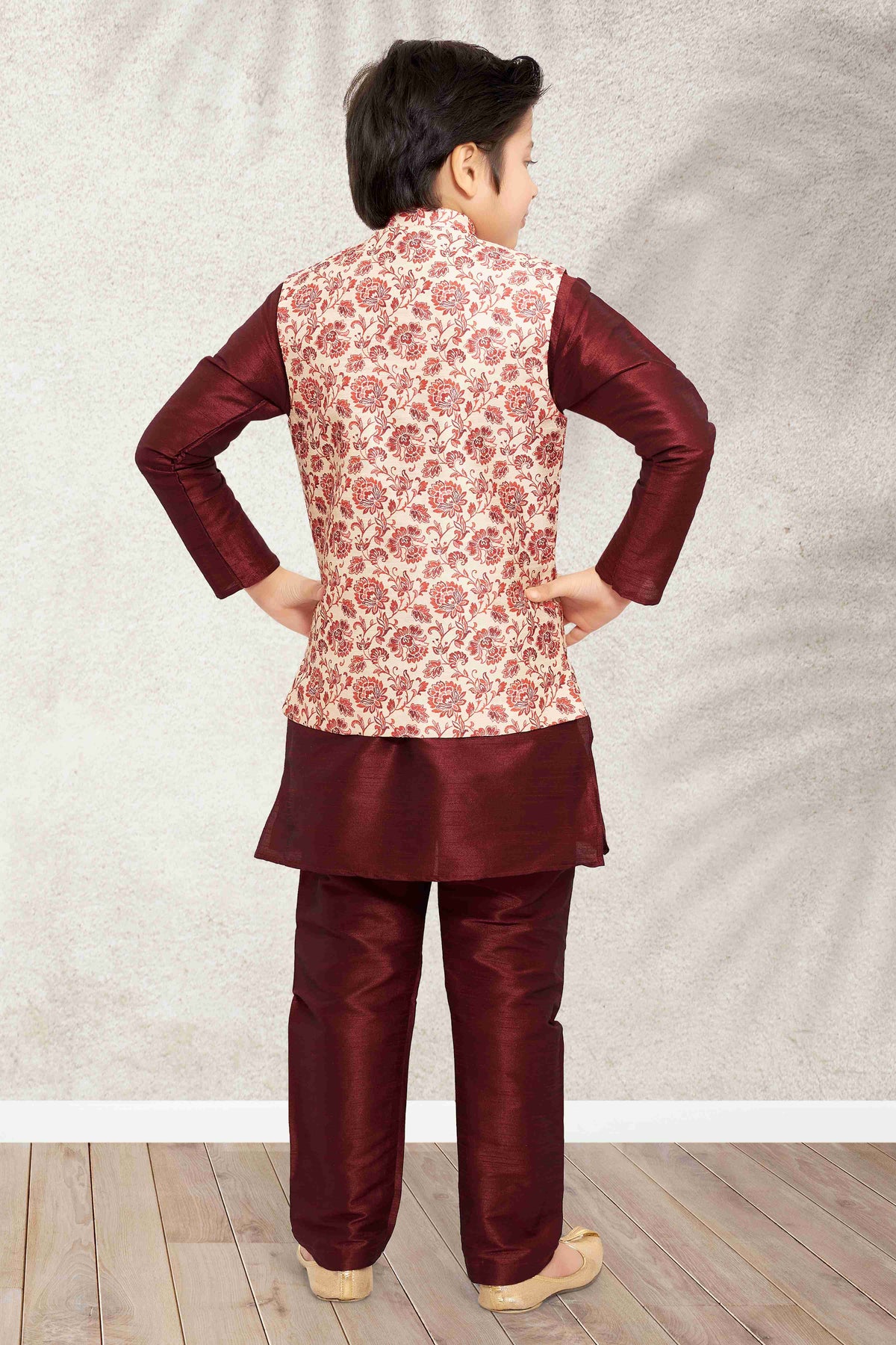 Raivat Ethnic Banarasi Silk Digital Printed Kurta Pajama With Jacket In Cream Colour | Grocsy