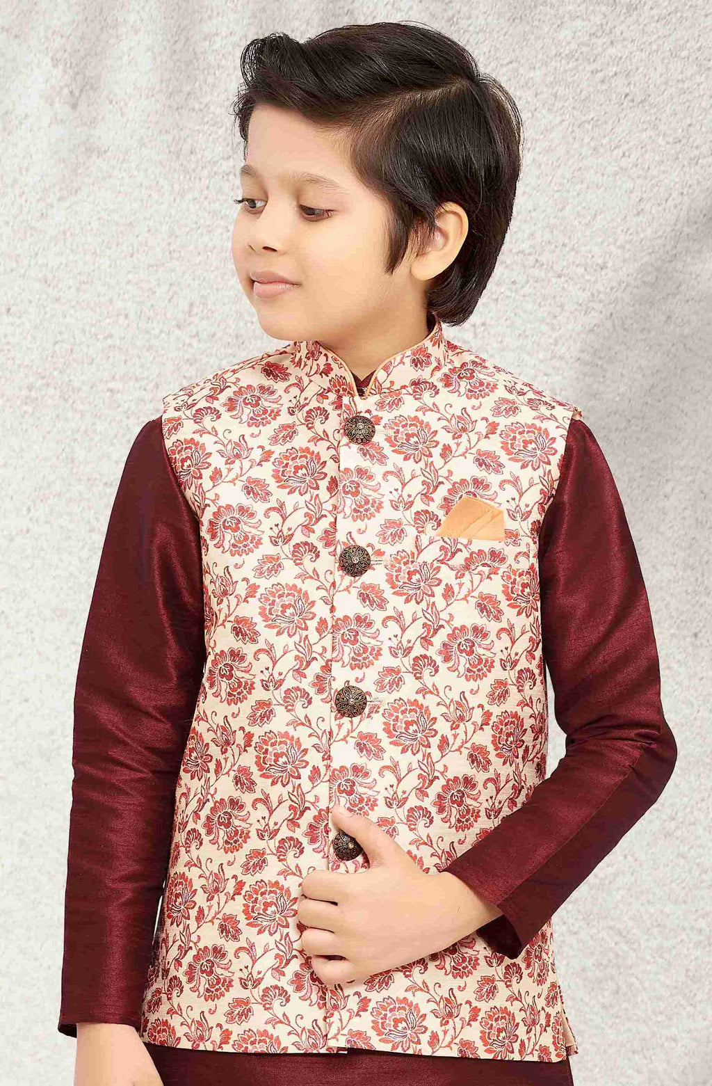 Raivat Ethnic Banarasi Silk Digital Printed Kurta Pajama With Jacket In Cream Colour | Grocsy