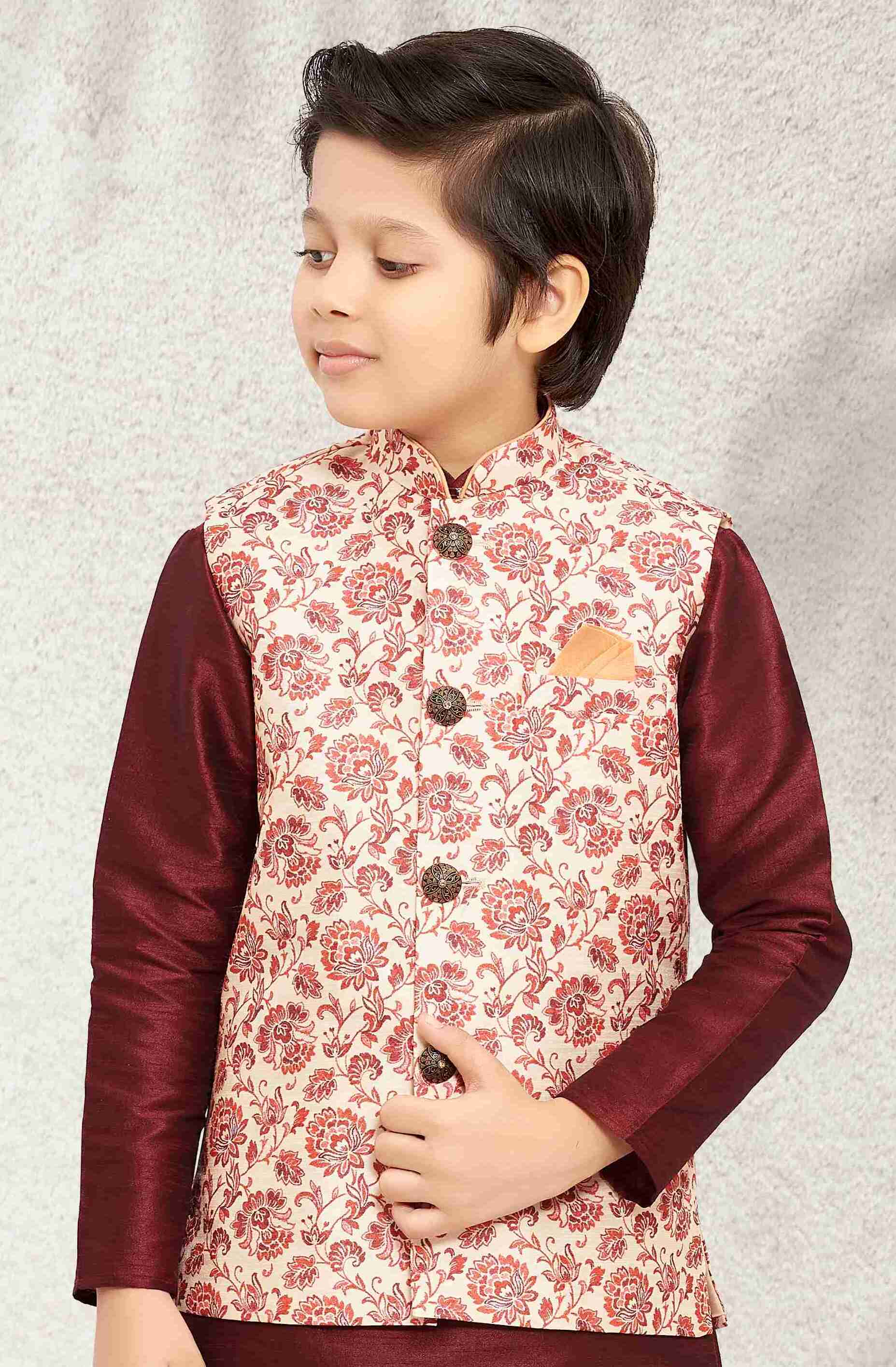 Raivat Ethnic Banarasi Silk Digital Printed Kurta Pajama With Jacket In Cream Colour | Grocsy