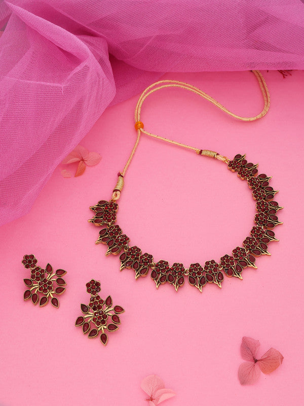 Tehzeeb Creations Maroon Colour Gold Pleated Stone Studded Necklace With Earrings | Grocsy