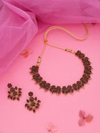 Tehzeeb Creations Maroon Colour Gold Pleated Stone Studded Necklace With Earrings | Grocsy