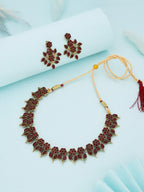Tehzeeb Creations Maroon Colour Gold Pleated Stone Studded Necklace With Earrings | Grocsy