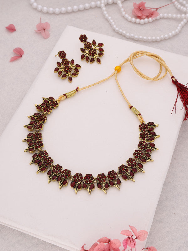 Tehzeeb Creations Maroon Colour Gold Pleated Stone Studded Necklace With Earrings | Grocsy