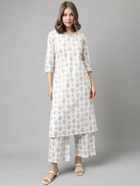 FIORRA Women's White Cotton A-Line Kurta Palazzo Set | Grocsy