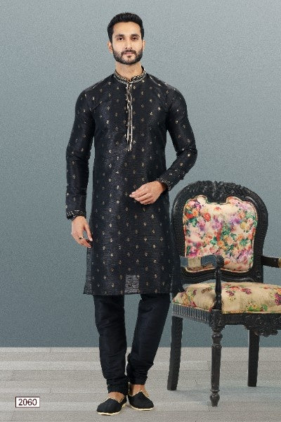 Raivat Ethnic Jacquard Banarasi Silk Pintux Work Kurta Pajama In Black Colour | Grocsy