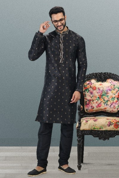Raivat Ethnic Jacquard Banarasi Silk Pintux Work Kurta Pajama In Black Colour | Grocsy