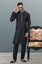 Raivat Ethnic Jacquard Banarasi Silk Pintux Work Kurta Pajama In Black Colour | Grocsy
