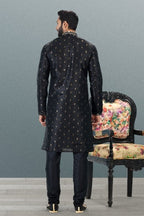 Raivat Ethnic Jacquard Banarasi Silk Pintux Work Kurta Pajama In Black Colour | Grocsy
