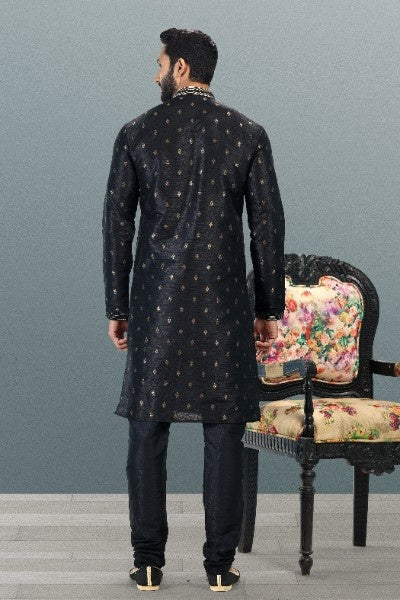 Raivat Ethnic Jacquard Banarasi Silk Pintux Work Kurta Pajama In Black Colour | Grocsy