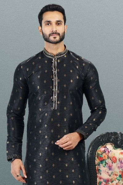 Raivat Ethnic Jacquard Banarasi Silk Pintux Work Kurta Pajama In Black Colour | Grocsy