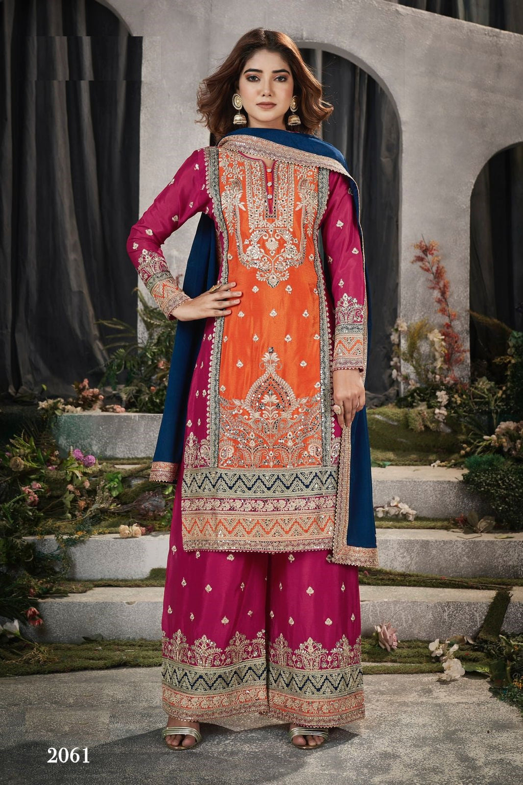 Anaita Orange And Pink Embroidered Viscose Chinon Salwar Suit | Grocsy