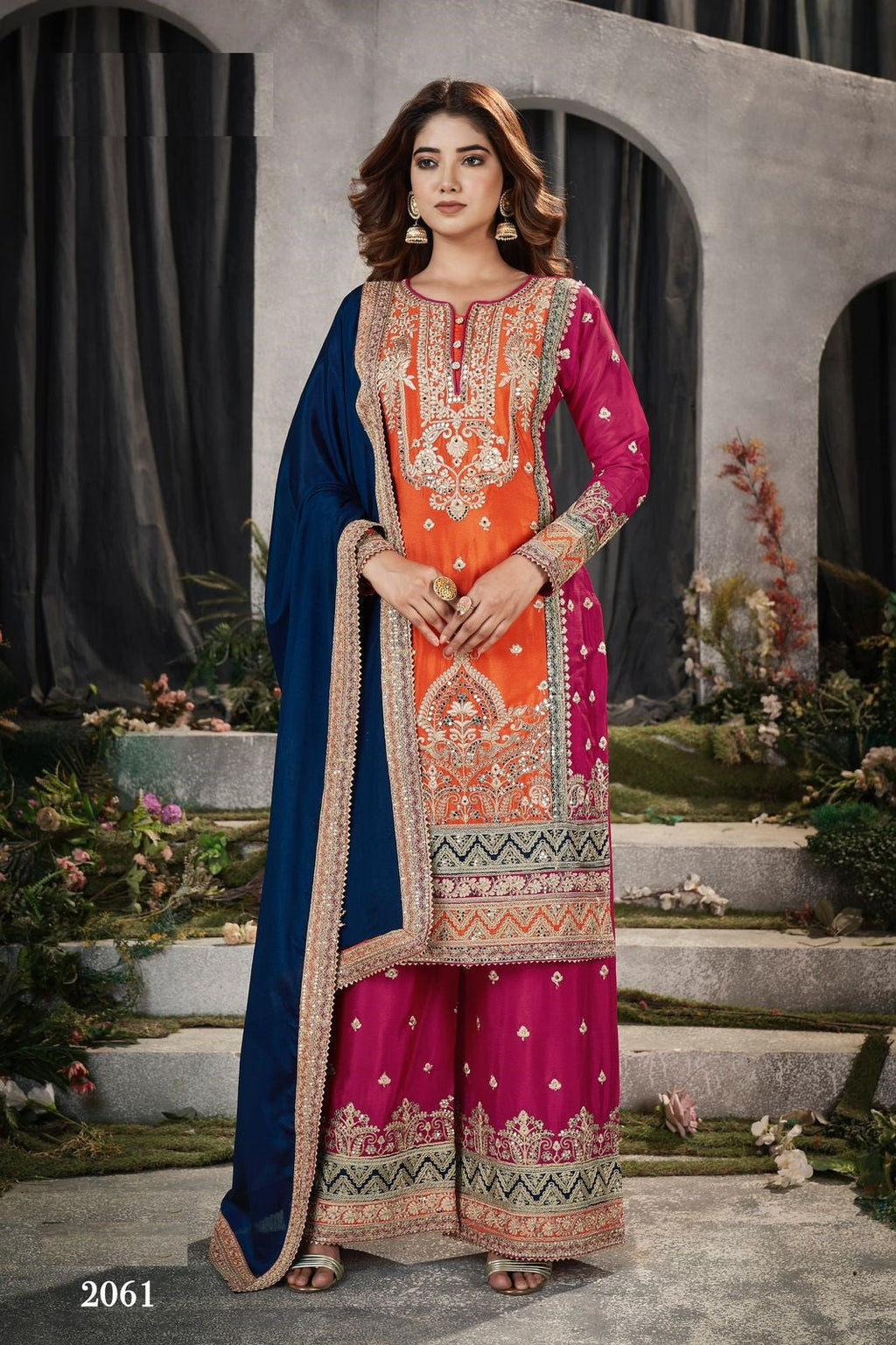 Anaita Orange And Pink Embroidered Viscose Chinon Salwar Suit | Grocsy