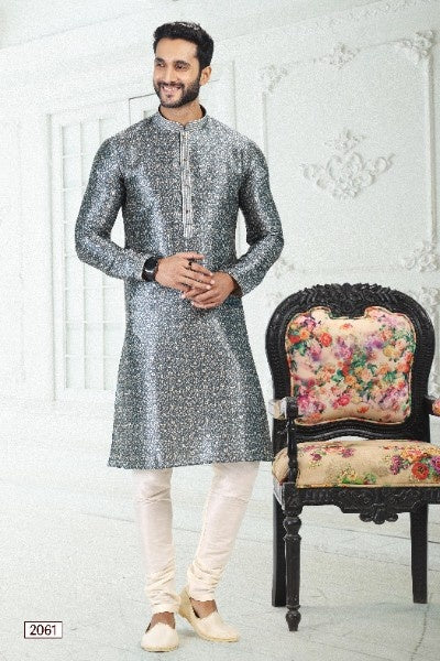 Raivat Ethnic Banarasi Silk Pintux Work Kurta Pajama In Grey Colour | Grocsy