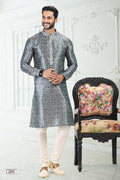 Raivat Ethnic Banarasi Silk Pintux Work Kurta Pajama In Grey Colour | Grocsy