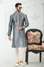 Raivat Ethnic Banarasi Silk Pintux Work Kurta Pajama In Grey Colour | Grocsy