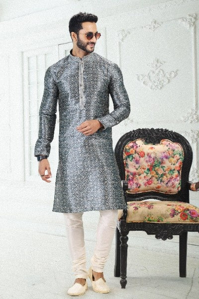 Raivat Ethnic Banarasi Silk Pintux Work Kurta Pajama In Grey Colour | Grocsy