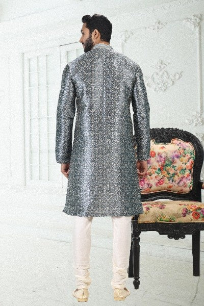 Raivat Ethnic Banarasi Silk Pintux Work Kurta Pajama In Grey Colour | Grocsy