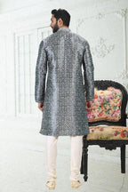 Raivat Ethnic Banarasi Silk Pintux Work Kurta Pajama In Grey Colour | Grocsy