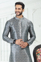 Raivat Ethnic Banarasi Silk Pintux Work Kurta Pajama In Grey Colour | Grocsy