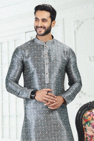 Raivat Ethnic Banarasi Silk Pintux Work Kurta Pajama In Grey Colour | Grocsy