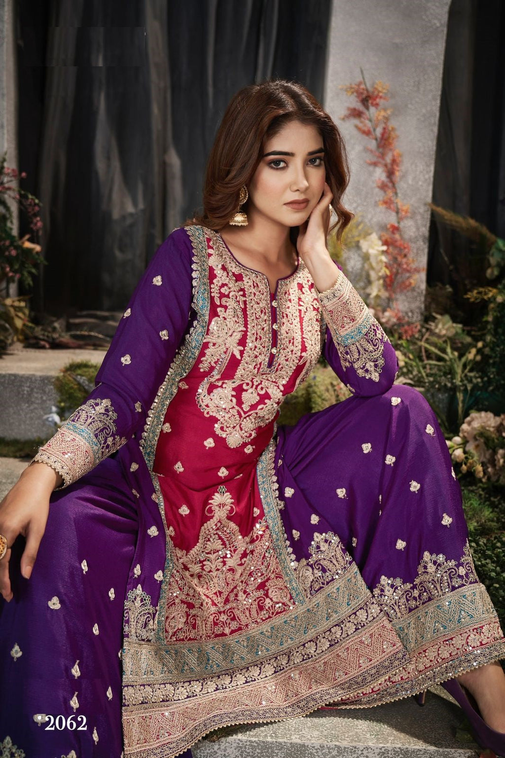 Anaita Maroon And Wine Embroidered Viscose Chinon Salwar Suit | Grocsy