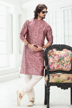 Raivat Ethnic Banarasi Silk Pintux Work Kurta Pajama In Dark Pink Colour | Grocsy