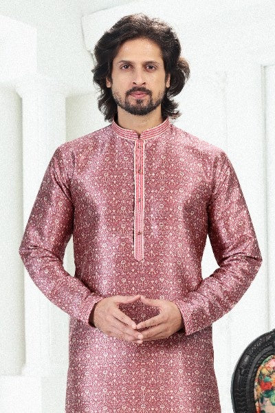Raivat Ethnic Banarasi Silk Pintux Work Kurta Pajama In Dark Pink Colour | Grocsy