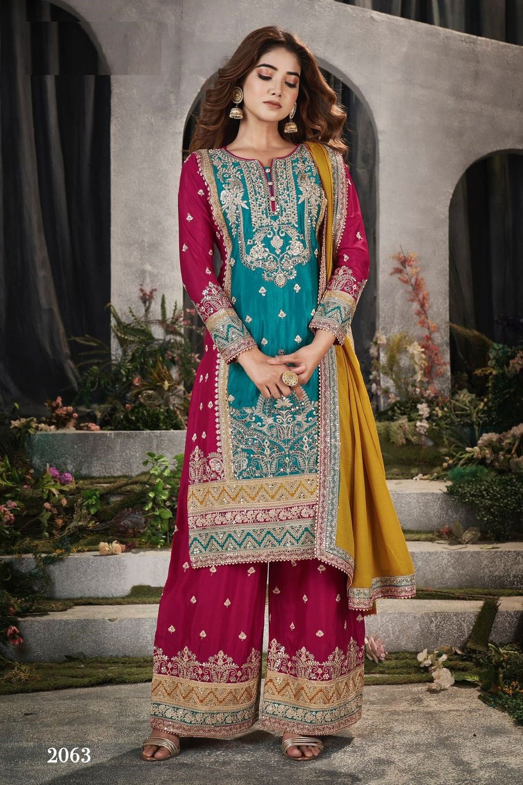 Anaita Teal And Maroon Embroidered Viscose Chinon Salwar Suit | Grocsy